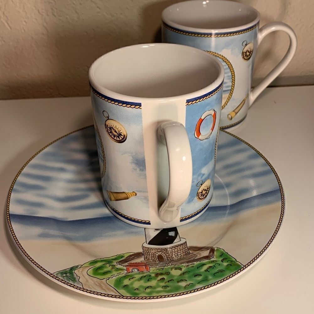 Royal Norfolk Coffee Mug Cape Hatteras Light, NC Lighthouse 2 Mugs and 1 Dish - Picture 3 of 8